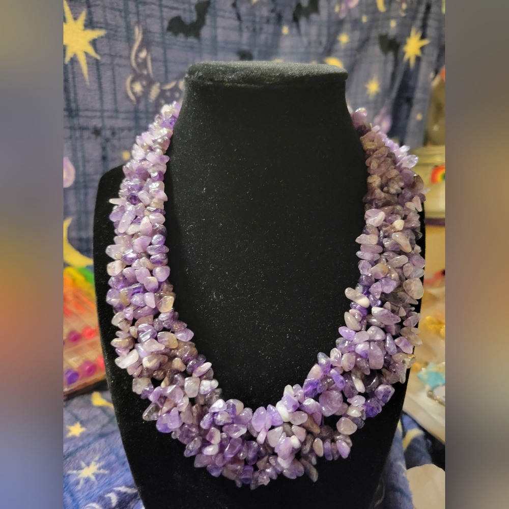 Amethyst Chip Cluster Necklace W/ Sterling Silver Clasp - Picture 2 of 7